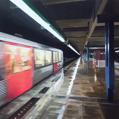 Metro in het donker, acryl op linnen, 1.20 x 1 .20 m, 2005. Verkocht